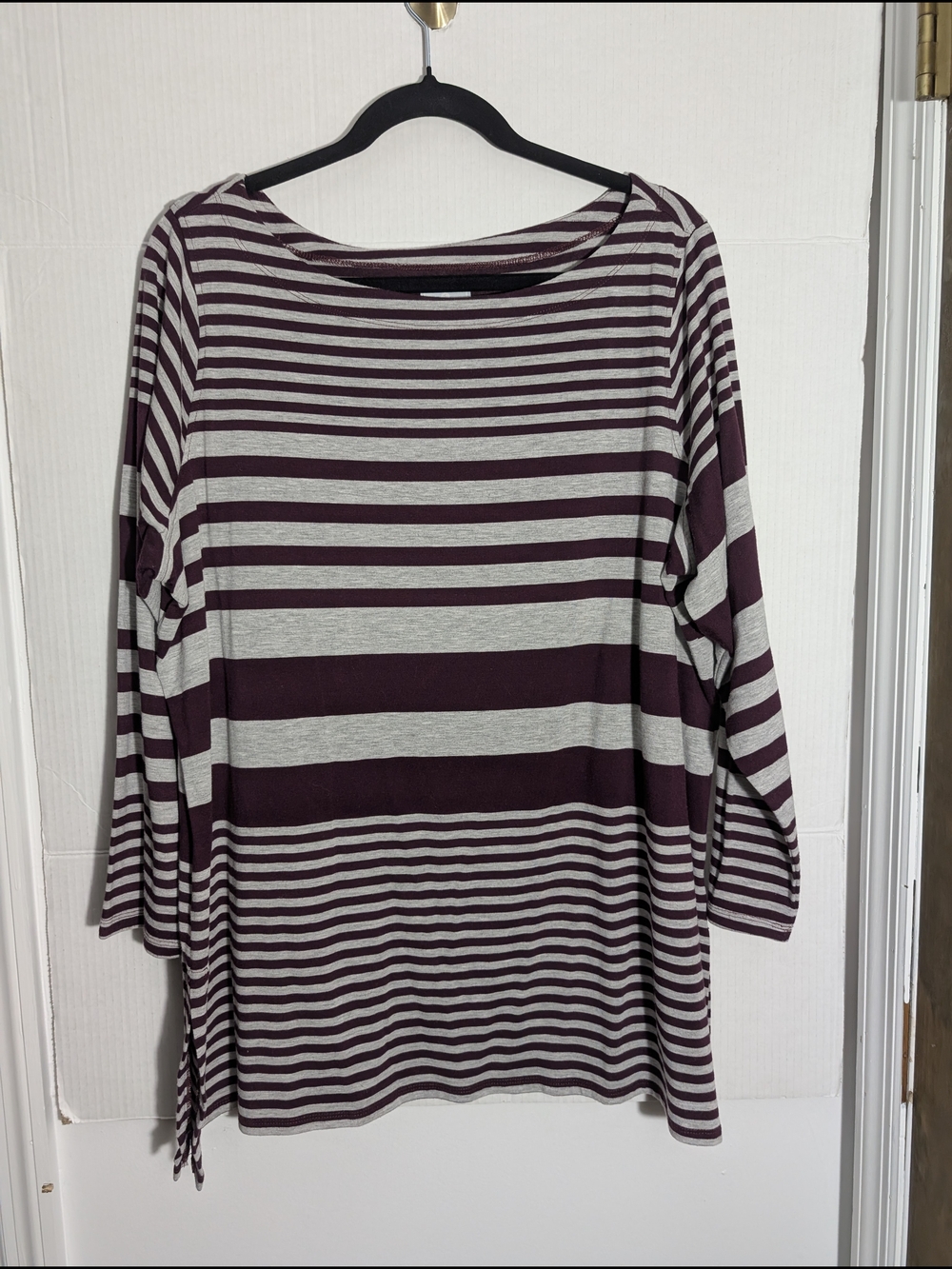 Sunday Striped Boatneck Tunic Top - Burgundy/Gray - Plus Size 2X